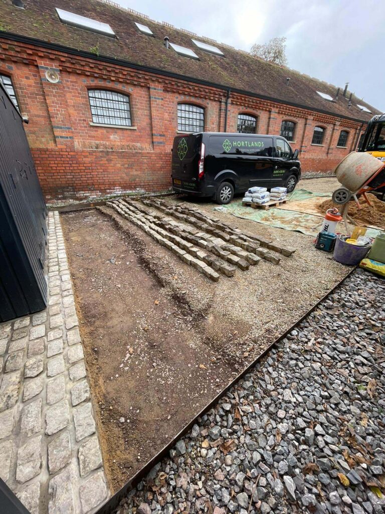 Landscaping York stone sets prepared to be laid